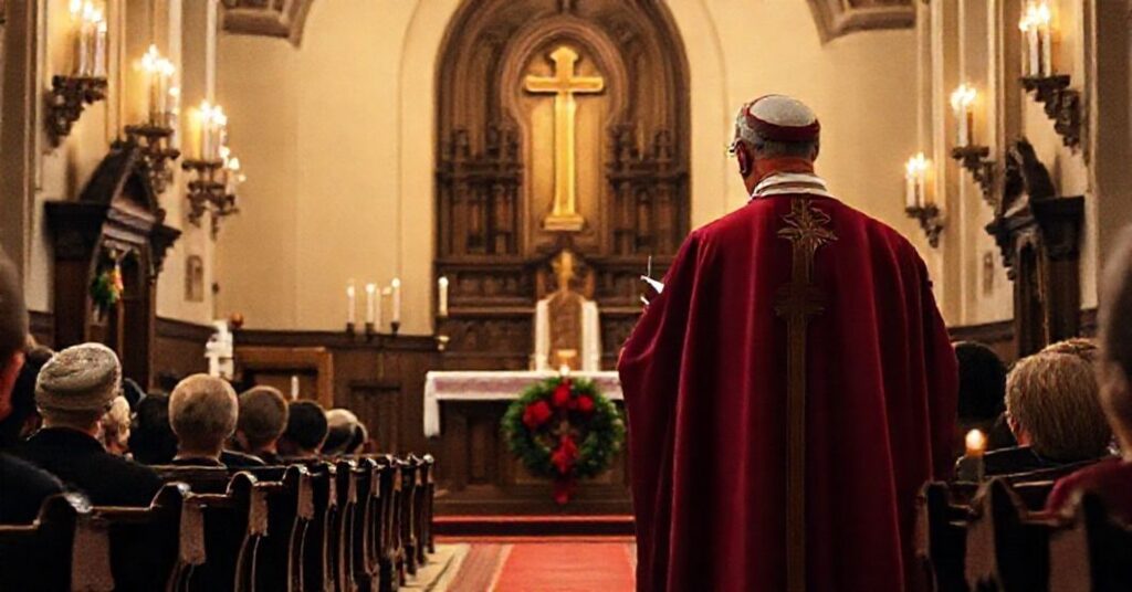 Wnętrze kościoła katolickiego podczas Adwentu z biskupem na ambonie i skupionymi wiernymi