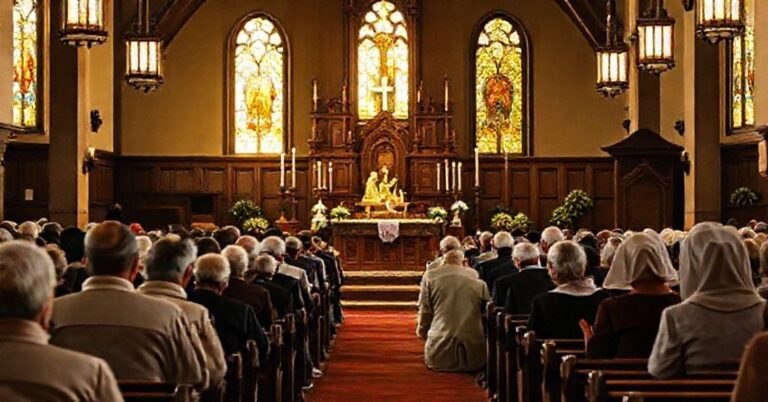 Tradycyjny kościół katolicki podczas Adwentu z modlącymi się wiernymi przed ołtarzem z betlejemską sceną