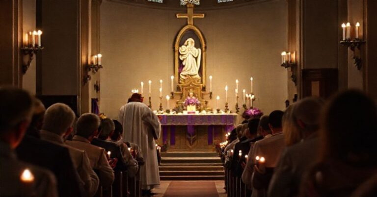 Tradycyjna Msza Roratnia w czasie Adwentu w katolickiej kaplicy. Uroczyście ubrani wierni modlą się w ciemnej kaplicy przy świetle świec. Ołtarz ozdobiony purpurowymi parami i figurą Matki Bożej.