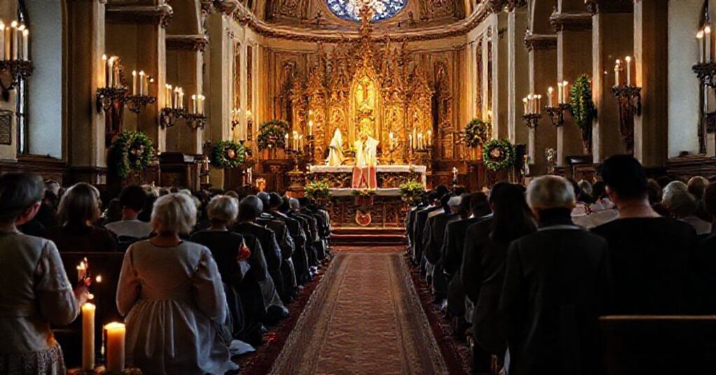 Tradycyjna msza św. w kościele katolickim podczas Adwentu z wiernymi modlącymi się i kapłanem podnoszącym Hostię.