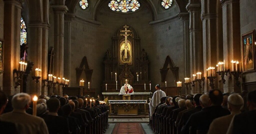 Tradycyjny wnętrze kościoła podczas Mszy w czasie Adwentu z głoszącym kazanie sedevacantistą kapłanem.