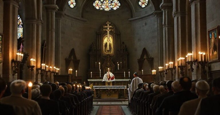 Tradycyjny wnętrze kościoła podczas Mszy w czasie Adwentu z głoszącym kazanie sedevacantistą kapłanem.