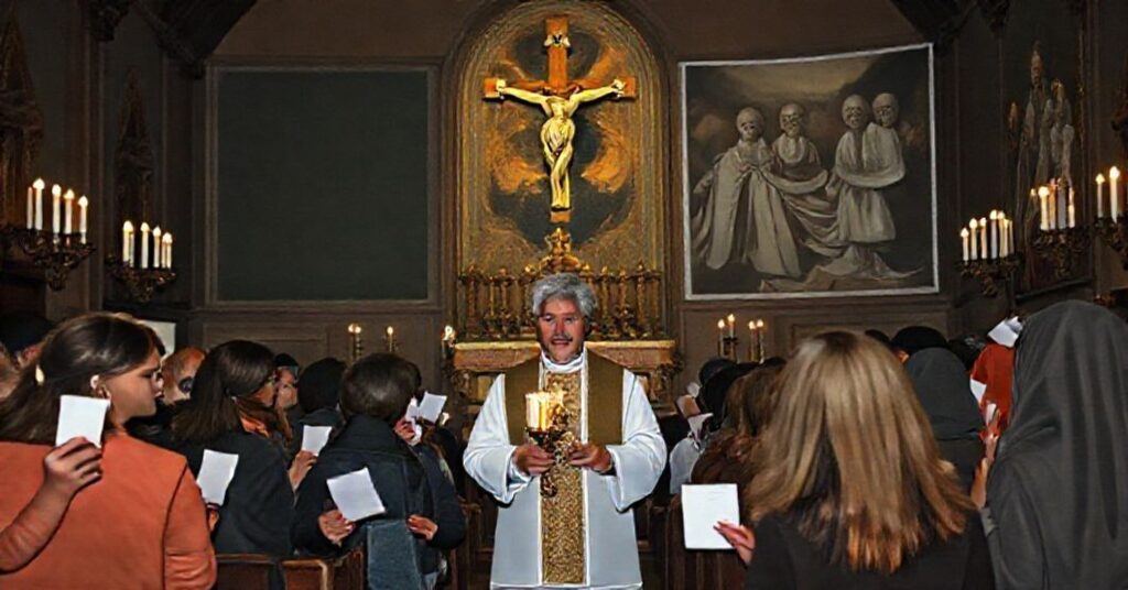 Mroczny wnętrze kościoła z tradycyjnymi dekoracjami adwentowymi. Młodych ludzi trzymających puste kartki i naklejki motywacyjne podczas przybPlusieurs latarnia morska.