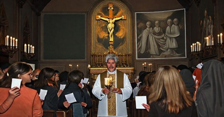 Mroczny wnętrze kościoła z tradycyjnymi dekoracjami adwentowymi. Młodych ludzi trzymających puste kartki i naklejki motywacyjne podczas przybPlusieurs latarnia morska.