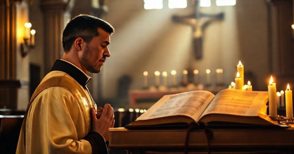 Katedra katolicka w czasie Adwentu z tradycyjnym księżycem modlącym się przed krucyfiksem