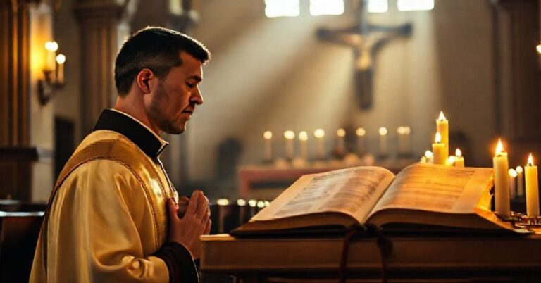 Katedra katolicka w czasie Adwentu z tradycyjnym księżycem modlącym się przed krucyfiksem