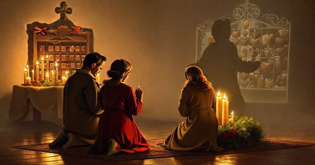 Rodzina modli się przy adwentowym wieńcu z świecami, tłem jest komercyjny kalendarz adwentowy.