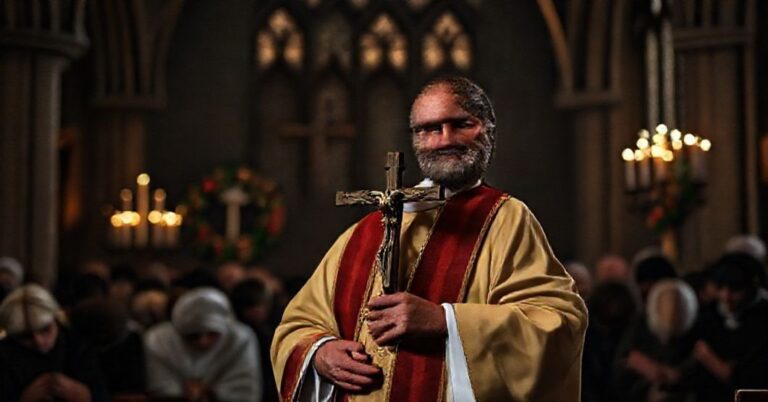 Tradycyjny kapłan w szatach liturgicznych stoi przed zgromadzeniem w ciemnej gotyckiej kościołe podczas Adwentu. Trzyma krzyż, podkreślając wezwanie do pokuty i nawrócenia przy blasku zapalanych świec adwentowych.