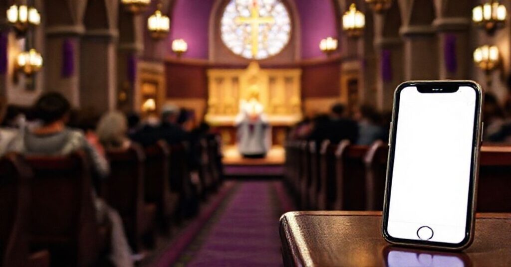 Tradycyjny kościół katolicki w czasie Adwentu z rodziną modlącą się przed ołtarzem i pozostawionym smartfonem z aplikacją adwentową.