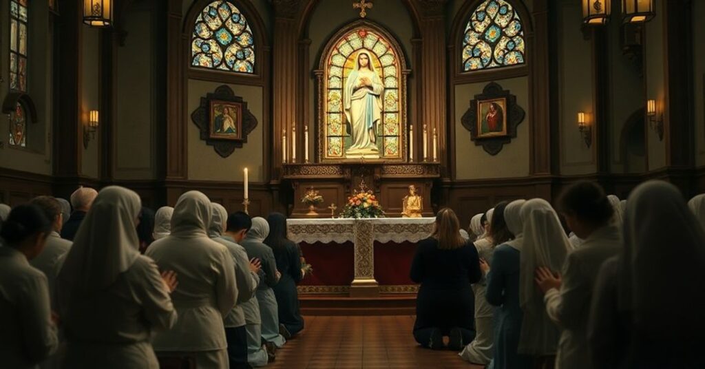 Tradycyjny katolicki nabożeństwo adwentowe z kobietami modlącymi się w kościele przed rzeźbą Matki Boskiej