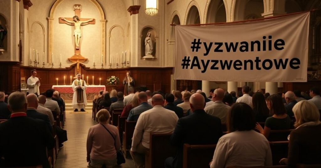 Kolekcja wiernych modlących się podczas Adwentu w tradycyjnym kościele katolickim z kapłanem w tradycyjnych szatach liturgicznych.