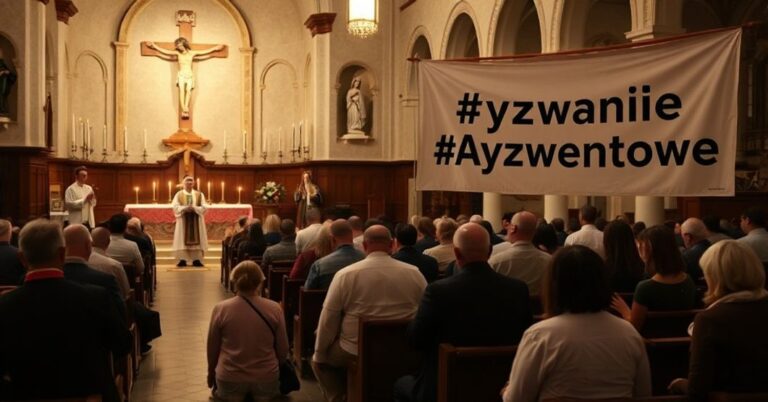 Kolekcja wiernych modlących się podczas Adwentu w tradycyjnym kościele katolickim z kapłanem w tradycyjnych szatach liturgicznych.