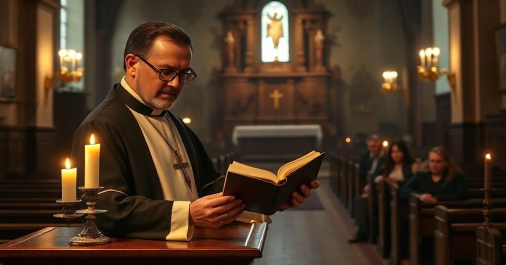 Tradycyjna katolicka scena z wieczorem adwentowym w historycznym kościele polskim. Na pierwszym planie stoi sedewakantystowski ksiądz w tradycyjnym sutannie i rochetcie przy ambonie. W tle ołtarz z adwentową świecą otoczonej barokowymi dekoracjami.