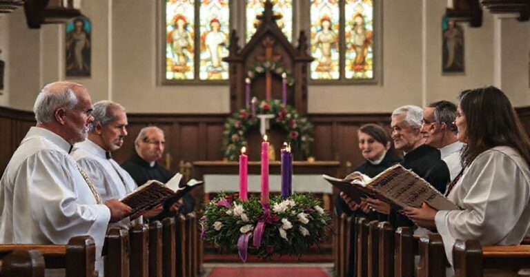 Wnętrze kościoła katolickiego z tradycyjnym ołtarzem podczas Adwentu z grupą katolików dyskutujących o teologicznych zagrożeniach związanych z adwentowym wieńcem.