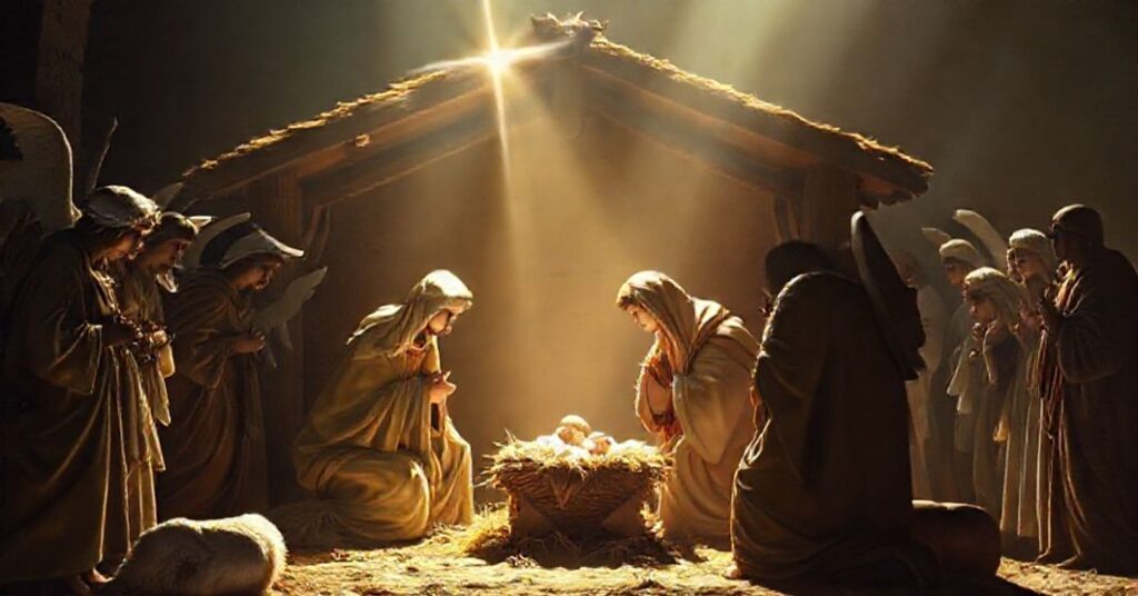 Dziękczyca z Dziecięciem Jezusem w stołu prściącym się do Chrystusa Króla w tradycyjnym scenariuszu Bożego Narodzenia.