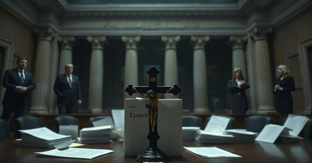 Scena sądowa z dokumentami znikającymi w cieniu, symbolizującymi ukrywanie prawdy o aferze Epsteina.