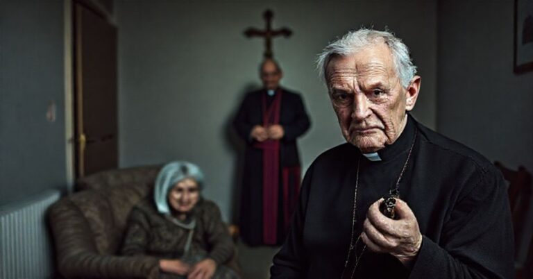 Staruszka Emilia w pustym pokoju z rektorem UKSW Ryszardem Czekalskim trzymającym klucze do jej mieszkania; w tle biskupi Studzowski i Galbas