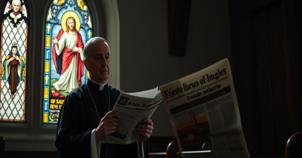 Tradycyjny księż w kaszule stojący w ciemnej kościołe z gazetą o aferze Epsteina i katolickim rozważaniem na ten temat