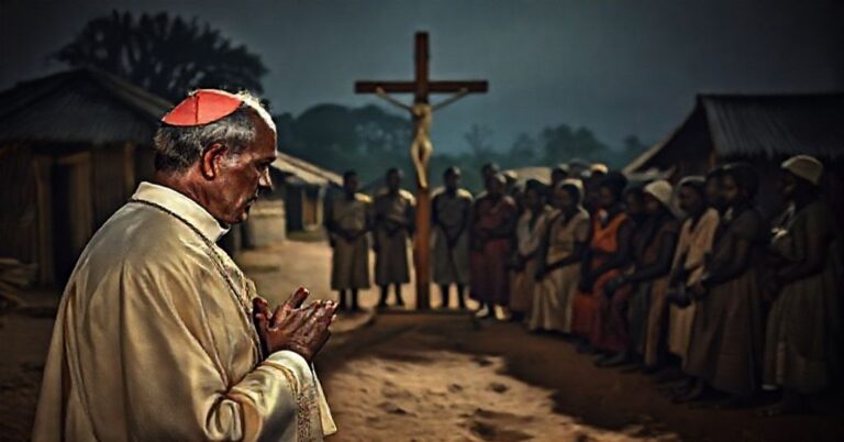 Kneeling Catholic priest in traditional vestments praying before a crucifix in an African village during a cholera epidemic.