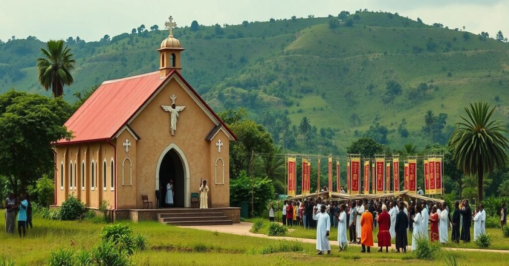 Afrykański krajobraz z tradycyjnym kościołem katolickim w otoczeniu bujnej zieleni, kontrastujący z fałszywą narracją wizyty Leona XIV. Scena przedstawia miejscowych Afrykanów modlący się w kościele, podczas gdy na tle odbywa się inscenizowane wydarzenie z modernistycznymi transparentami i nie-sakramentalnymi rytuałami.