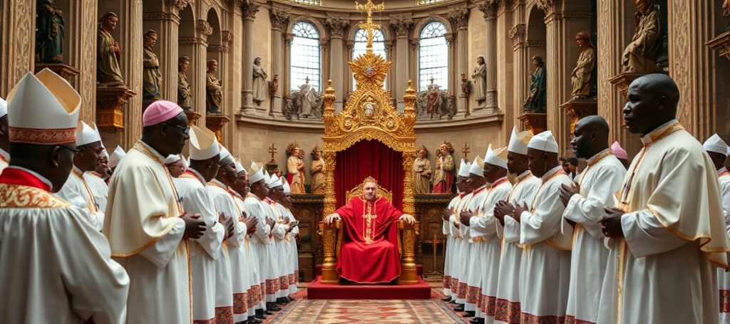 Zgromadzenie biskupów afrykańskich w tradycyjnych szatach liturgicznych w katedrze, symbolizujące puste miejsce na tronie św. Piotra.