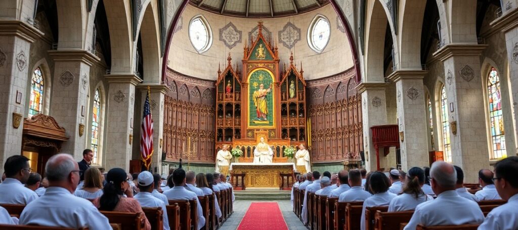 Afrykańscy biskupi modlący się w tradycyjnym stroju liturgicznym na tle pustującej Stolicy Piotrowej