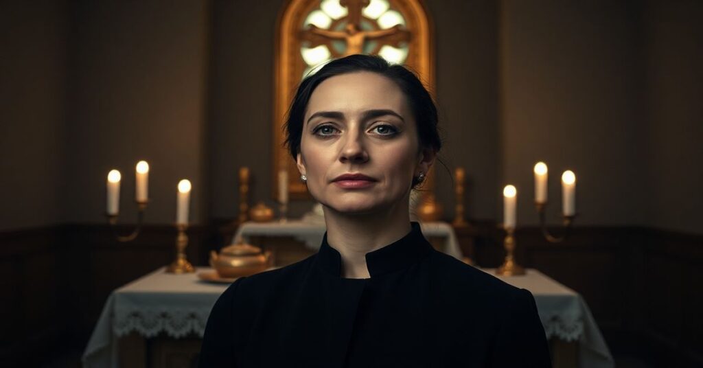 Portret śpiewaczki w kaplicy z krzyżem i ołtarzem w tle