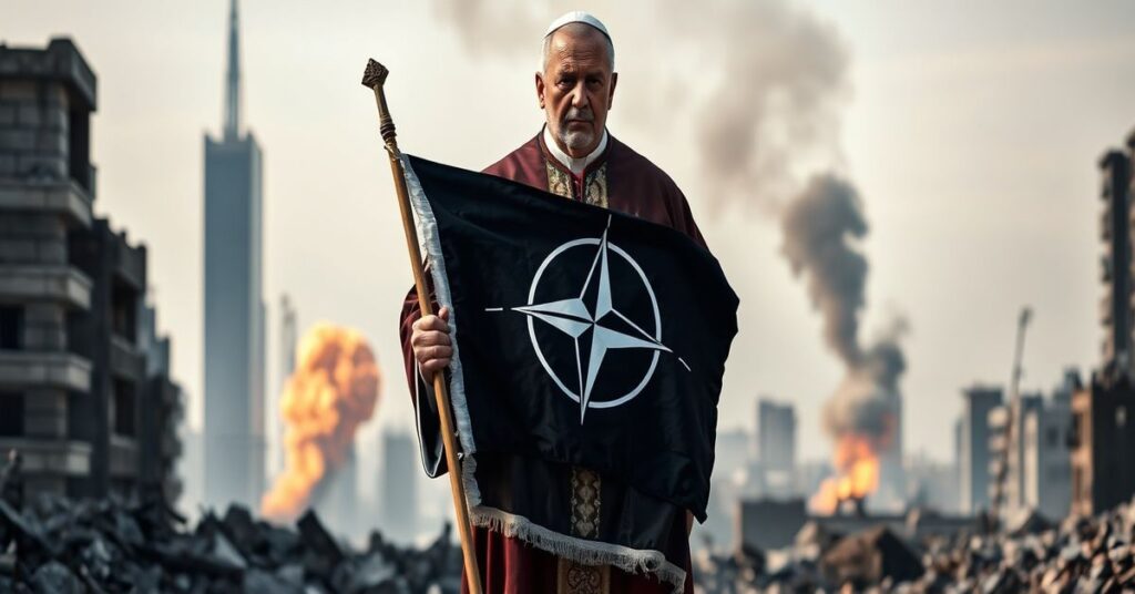 Ksiądz w tradycyjnym stroju liturgicznym trzymający zniszczoną flagę NATO z nakładanym krzyżem na tle spustoszonego miasta.