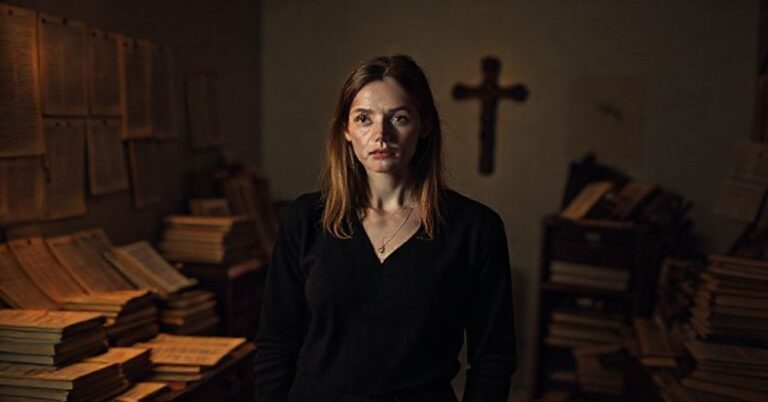 Agnieszka Holland w studio filmowym otoczona manuskryptami Franza Kafki i dystopijnymi rekwizytami, z ukrytym krzyżem w tle.