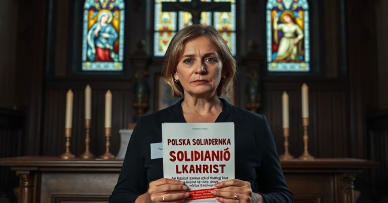 Portret Agnieszki Romaszewskiej z jej kontrowersyjnym manifestem "Polska Solidarność czy kurnik egoizmu?" na tle katolickiej ambony z krzyżem i płonącymi świecami.