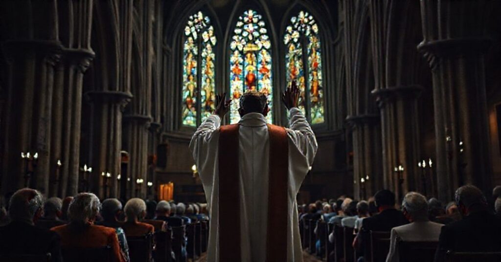 Tradycyjny kapłan w starożytnej françaiskiej kościele podczas mszy łacińskiej; symbolizuje upadek wiary we Francji