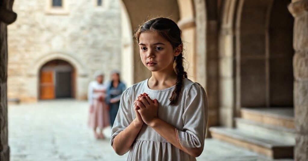 Młoda dziewczyna Ainara stoi na progu starego klasztoru katolickiego, jej twarz wyraża głęboką kontemplację. Rodzina czeka w przydworze.