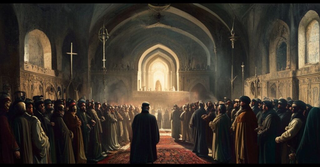 Schronienie ajatollaha Ali Chameneiego w Teheranie z synem Masudem w otoczeniu wojskowych. Scena refleksji nad brakiem chrześcijańskiego duszy i panowania Chrystusa Króla.