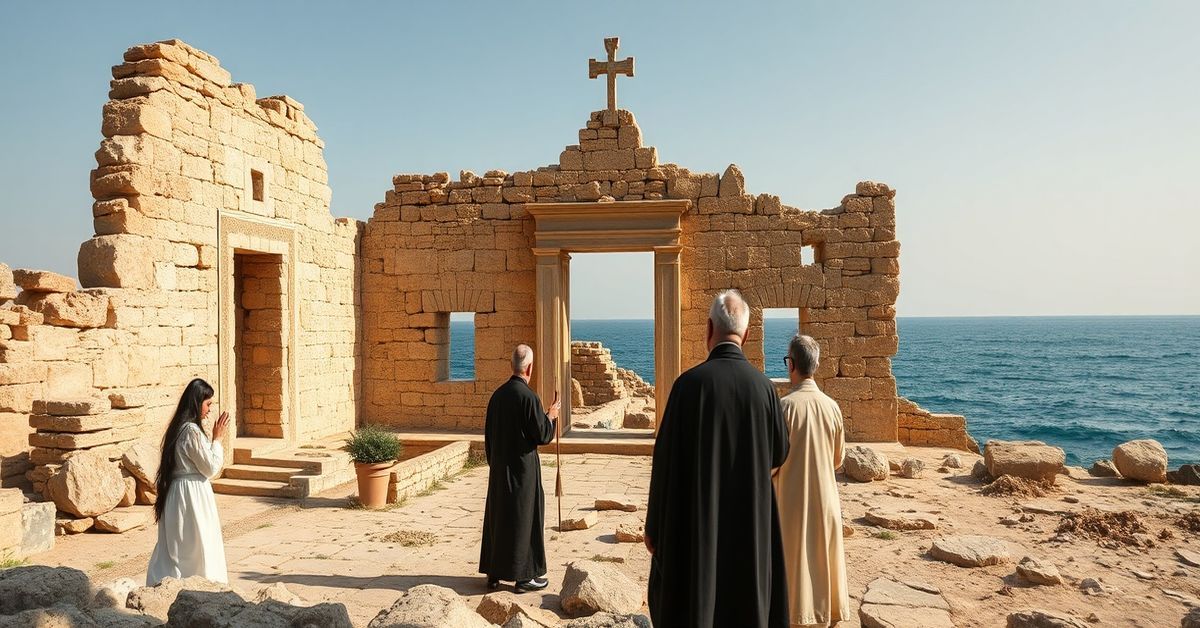 Rzucający refleksji wygląd tradycyjnego kościoła w Akabie z katolikami modlący się wokło ruin.