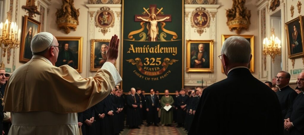 Sala w Akademii Duchownej w Watykanie podczas wizyty 'Leona XIV' (Roberto Prevosta). Nieprawdziwy papież w papieskim stroju przemawia do zgromadzonych kleryków i seminarzystów w akademickim stroju.