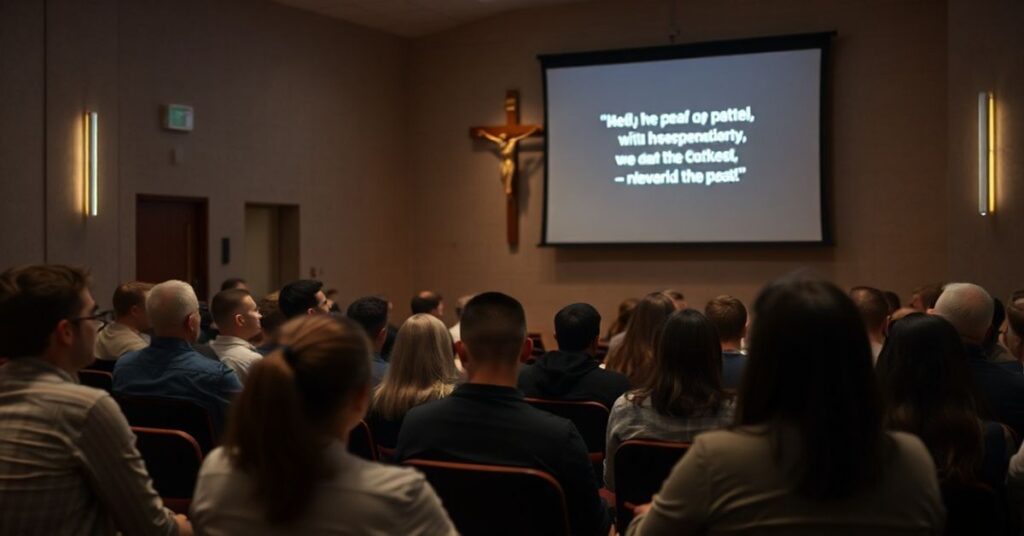 Młodi ludzie podczas spotkania Akademii Duchowości we Wrocławiu pod kierunkiem ks. Rozpędowskiego. Modernistyczne podejście do duchowości bez sakramentalnej dyscypliny.