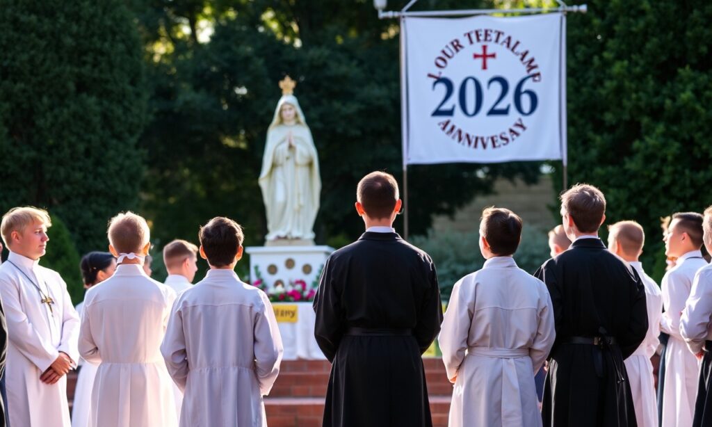 Uroczysta msza w Akademii św. Ludwika Marii Grigniona z Montfortu w Herndon, z udziałem chłopców w sutannach, przed posągiem Matki Bożej. Scena oddaje tradycyjny katolicyzm i duchową zalęczność.