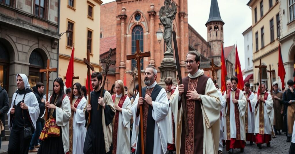 Procesja Akademicka Droga Krzyżowa we Wrocławiu pod przewodnictwem modernistycznego duszpasterza Macieja Małygi