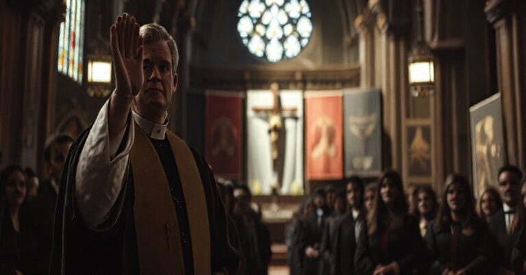 Wnętrze tradycyjnej katolickiej bazyliki podczas akademickiej inauguracji. Grupa studentów i profesorów stoi w słabo oświetlonym, bogato zdobionym wnętrzu z witrażami. Na pierwszym planie kapłan w nowoczesnych, nieortodoksyjnych ornatach unosi rękę w gestach niepewności. W tle widoczny jest częściowo zasłonięty krzyż, przyciemniony przez świeckie transparenty i nowoczesną sztukę, symbolizujące erozję katolickiej tożsamości w akademii. Atmosfera jest pełna smutku i niepokoju.