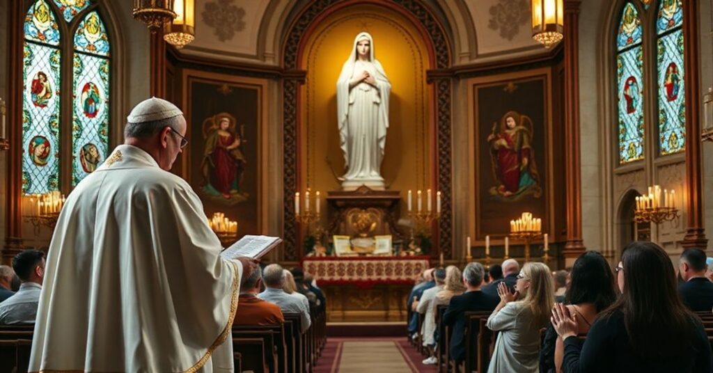 Sobótni Akatyst w rzeszowskiej "katedrze" pod przewodnictwem biskupa Wątroby przy figurze Matki Bożej Fatimskiej, 8 grudnia 2025