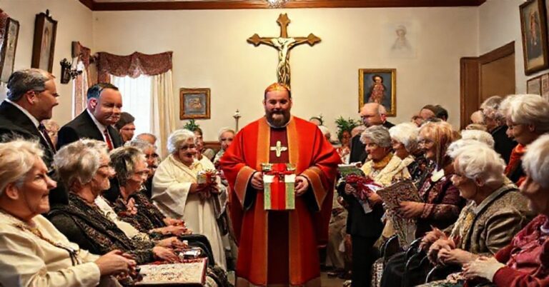 Grupa ludzi rozdaje prezenty starszym w domu opieki podczas akcji charytatywnej organizowanej przez "Katolickie Radio VIA". Na zdjęciu widoczni są politycy i aktor przebrany za św. Mikołaja, co symbolizuje sekularyzację tradycji katolickiej.