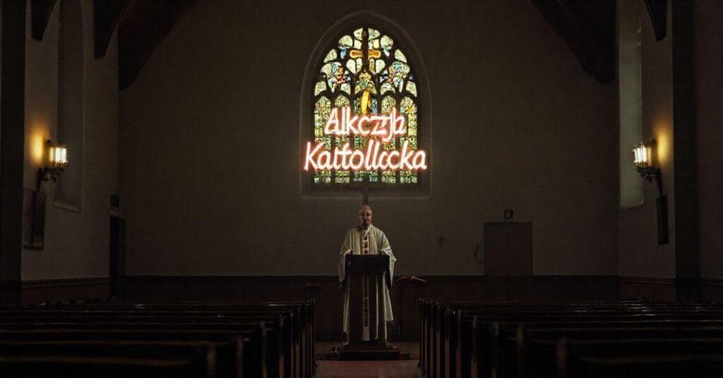 Smutna scena kościoła w Kielcach podczas uroczystości 30-lecia Akcji Katolickiej, ukazująca modernistycznego „biskupa” w czasie kazania. Wnętrze kościoła jest przyciemnione, z kontrastującymi witrażami tradycyjnych motywów katolickich, co podkreśla duchową apostazję i odchodzenie od prawdziwej nauki Kościoła.