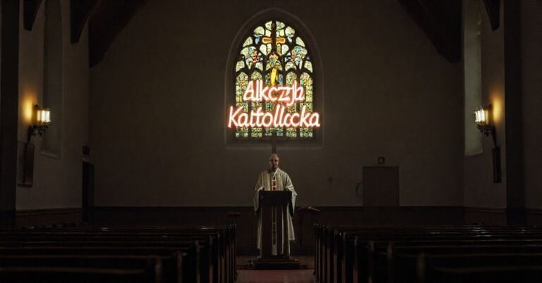 Smutna scena kościoła w Kielcach podczas uroczystości 30-lecia Akcji Katolickiej, ukazująca modernistycznego „biskupa” w czasie kazania. Wnętrze kościoła jest przyciemnione, z kontrastującymi witrażami tradycyjnych motywów katolickich, co podkreśla duchową apostazję i odchodzenie od prawdziwej nauki Kościoła.