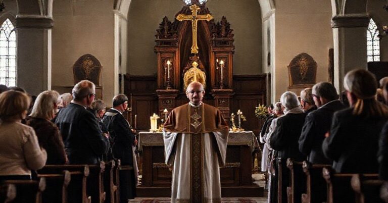 Grupa ludzi w tradycyjnym kościele katolickim podczas wydarzenia 'Akcji Katolickiej', krytycznie przedstawiająca organizację jako modernistyczną parodię apostolstwa