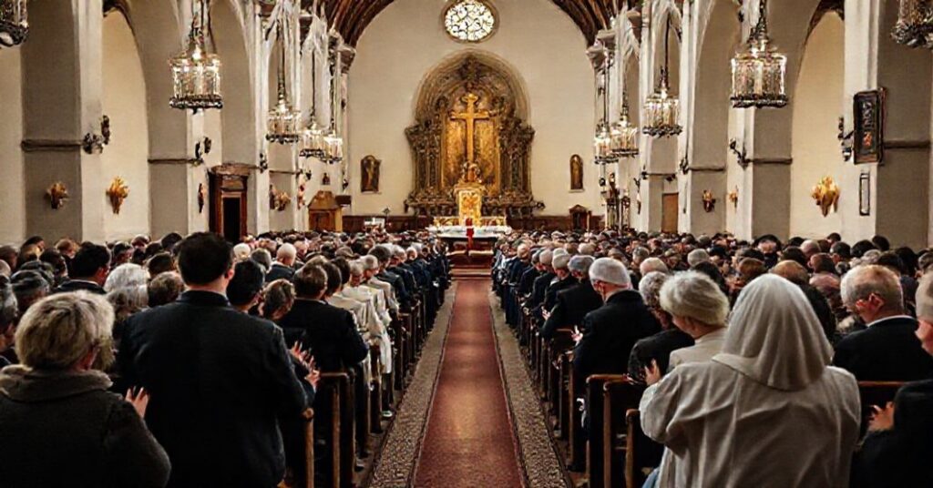 Wnętrze tradycyjnego kościoła katolickiego podczas akcji krwiodawstwa z udziałem parafian i księży.