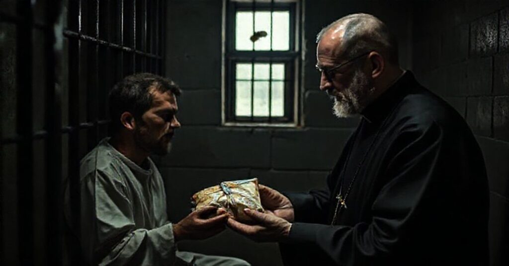 Osadzony w ciemnej celi więziennej w Krakowie otrzymuje paczkę z pokarmem od zakonnika Trinitarii. Scena jest realistyczna i smutna.