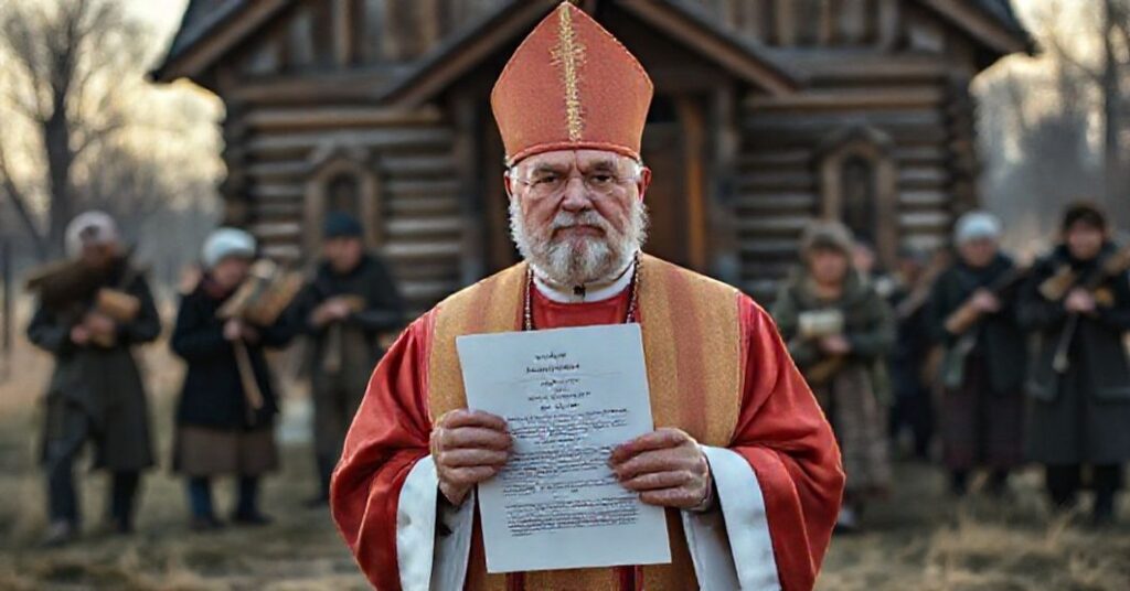 Biskup katolicki w tradycyjnych habitach stoi przed drewnianym kościołem w polsko-ukraińskim pograniczu, otoczony starszymi Ukraińcami z pakunkami. Scena jest oświetlona delikatnym świtem wczesnego poranka, podkreślając powagę i wagę historyczną.