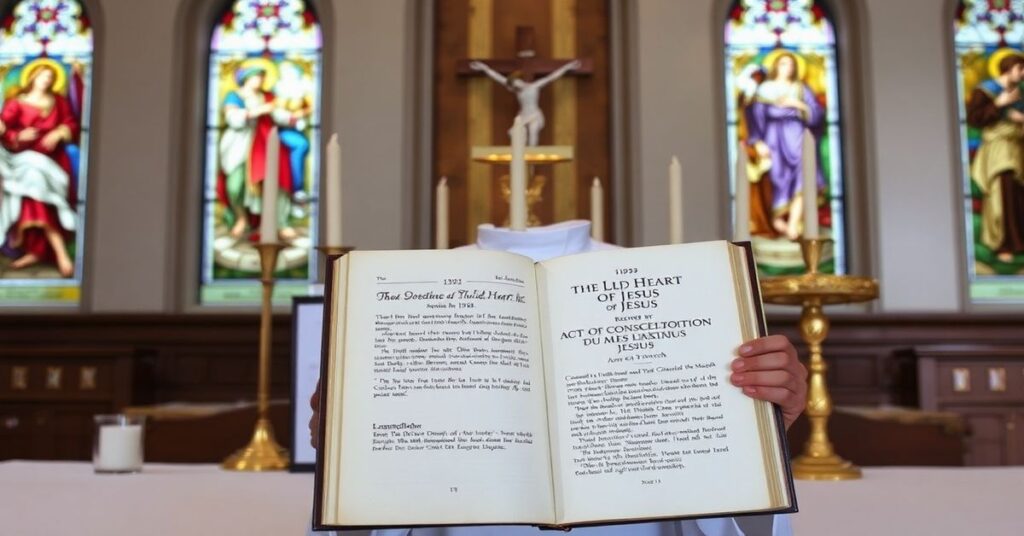 Tradycyjny ołtarz katolicki z księdzem w ornaty i surplisie trzymającym książkę z oryginalnym aktem poświęcenia Najświętszemu Sercu Pana Jezusa z 1925 roku.