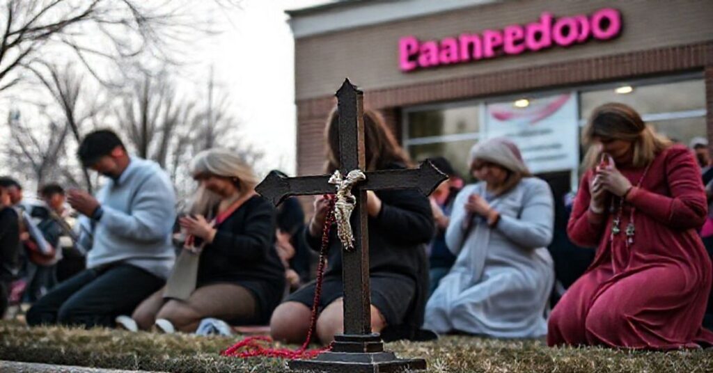 Zdjęcie katolickich aktywistów pro-life modlący się i protestujących przed Planned Parenthood w Memphis