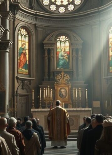 Religijne oblicze nowoczesnej synkretycznej Eucharystii w Albano Zdjęcie kościoła katolickiego z odprawiającym kapłanem podczas Eucharystii, z ubogimi i imigrantami w modlitewnym skupieniu, w starożytnej architekturze z pogańskimi korzeniami, ukazujące zakłamanie modernistycznej liturgii